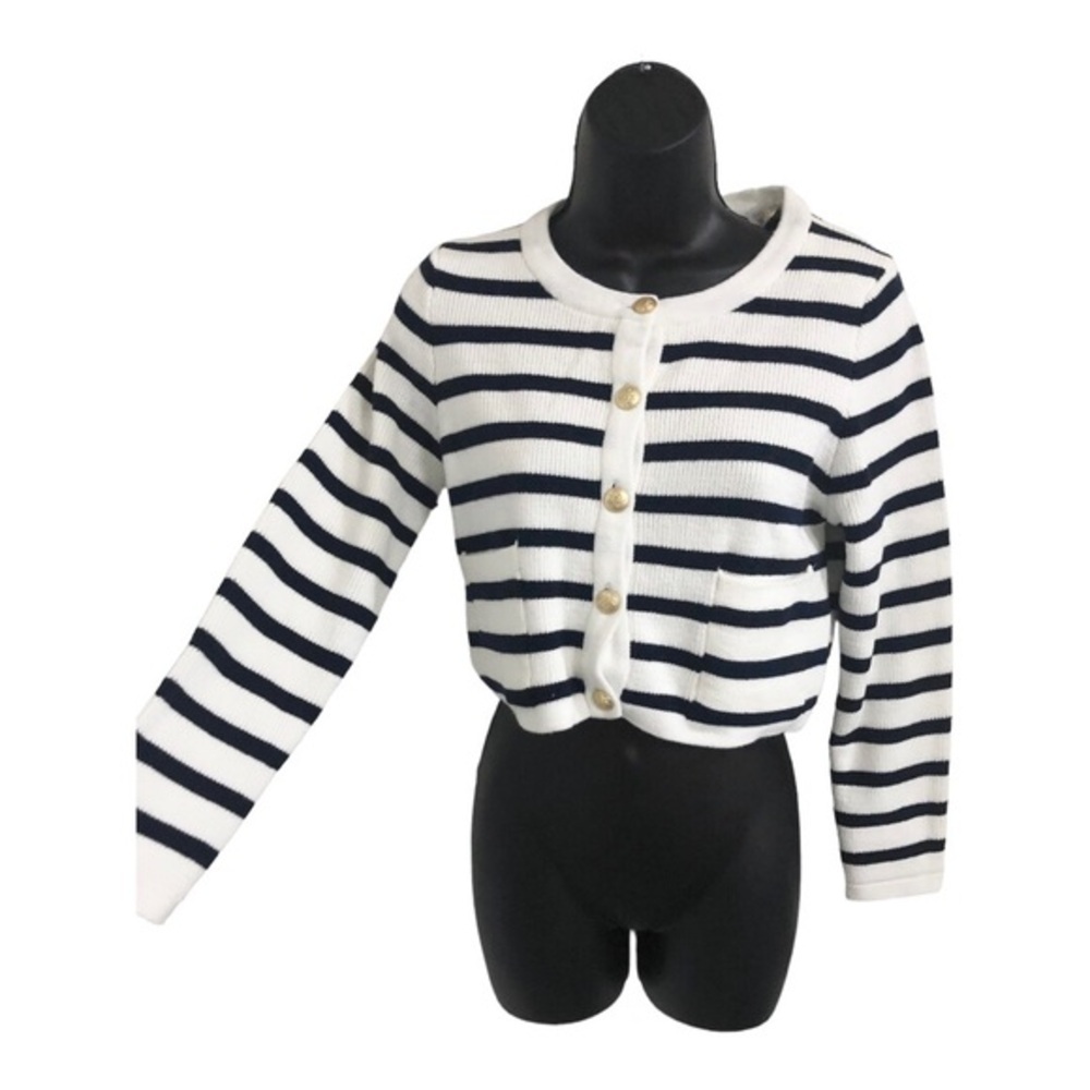 Jessica Simpson navy blue white nautical stripe long sleeve cardigan size XS new